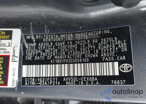 2012 Toyota Camry Hybrid Xle from USA, damaged, VIN 4T1BD1FK3CU058169